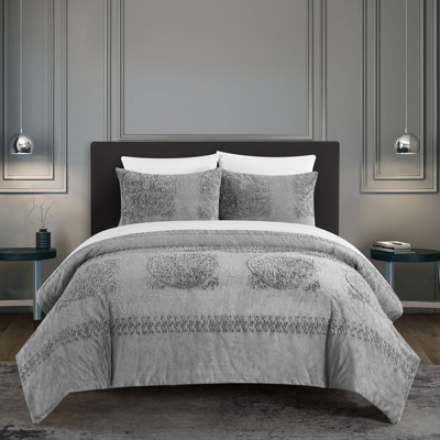 Chic Home Design Amara 3 Piece Comforter Set Embossed Mandala Pattern Faux Fur Micromink Backing Bedding In Gray