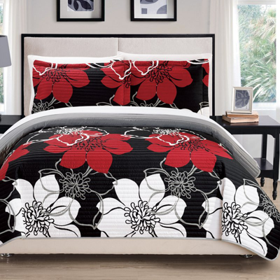 Chic Home Design Chase 3 Piece Quilt Set Abstract Large Scale Printed Floral In Black