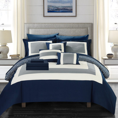 Chic Home Design Heldin 10 Piece Comforter Set Reversible Hotel Collection Color Block Geometric Pattern Print Design In Blue