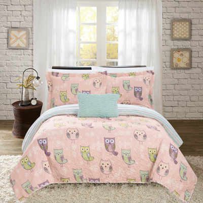 Chic Home Design Strix 4 Piece Reversible Quilt Set Cute It's A Hoot Owl Friends Youth Design Bed In A Bag In Pink