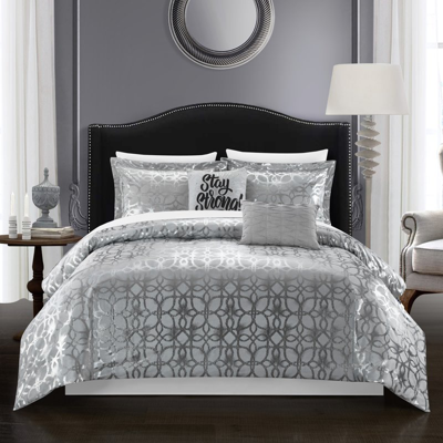Chic Home Design Shefield 7 Piece Comforter Set Geometric Gold Tone Metallic Lattice Pattern Print Bed In A Bag In Gray