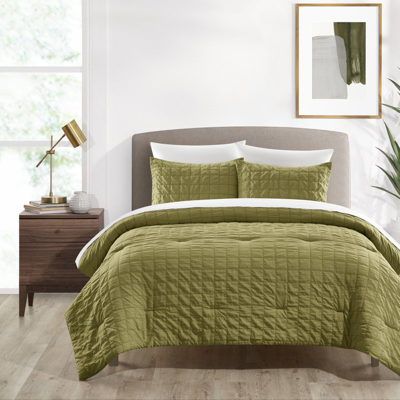 Chic Home Design Jessa 3 Piece Comforter Set Washed Garment Technique Geometric Square Tile Pattern Bedding In Green