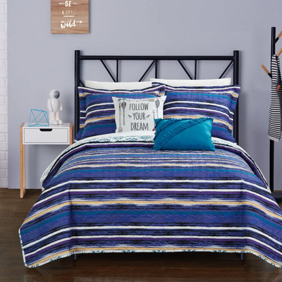 Chic Home Design Kammi 5 Piece Reversible Quilt Cover Set Bohemian Inspired Striped Ikat Print In Blue