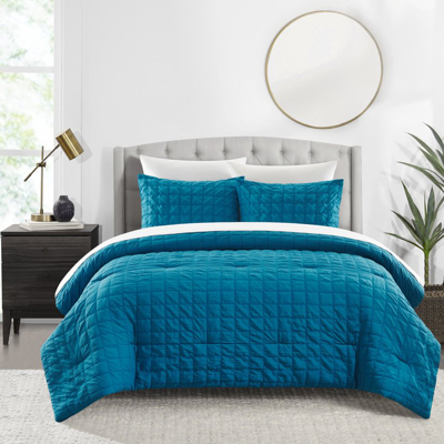 Chic Home Design Jessa 3 Piece Comforter Set Washed Garment Technique Geometric Square Tile Pattern Bedding In Blue