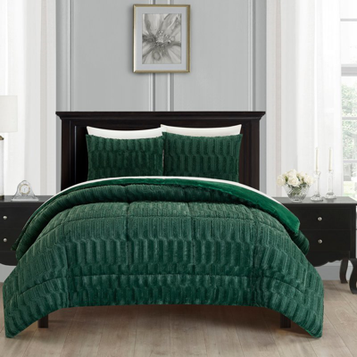 Chic Home Design Panya 5 Piece Comforter Set Textured Geometric Pattern Faux Rabbit Fur Micro-mink Backing Bed In A B In Green