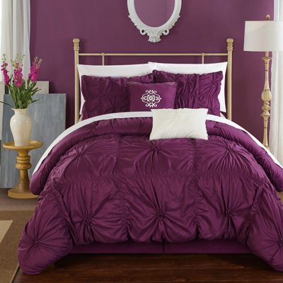 Chic Home Design Hyatt 6 Piece Comforter Set Floral Pinch Pleated Ruffled Designer Embellished Bedding In Purple