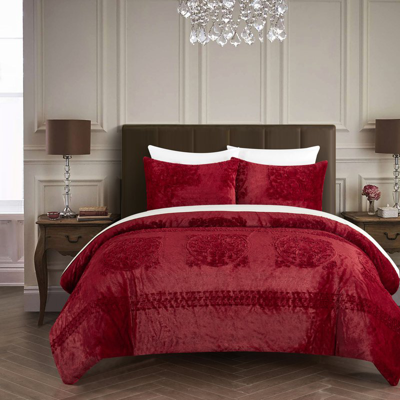 Chic Home Design Amara 2 Piece Comforter Set Embossed Mandala Pattern Faux Fur Micromink Backing Bedding In Red
