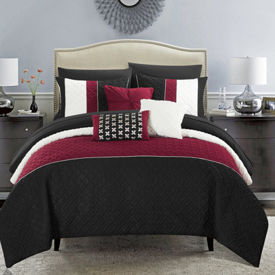 Chic Home Design Arza 10 Piece Comforter Set Color Block Quilted Embroidered Design Bed In A Bag Bedding In Black
