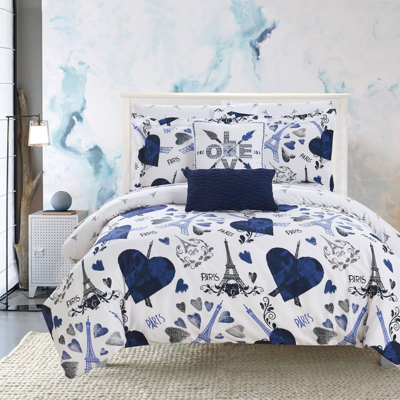 Chic Home Design Marais 7 Piece Reversible Comforter Set "paris Is Love" Inspired Printed Design Bed In A Bag In Blue