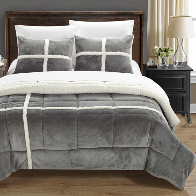 Chic Home Design Chiron 3 Piece Comforter Set Ultra Plush Micro Mink Sherpa Lined Bedding In Gray