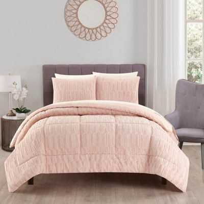 Chic Home Design Pacifica 7 Piece Comforter Set Textured Geometric Pattern Faux Rabbit Fur Micro-mink Backing Bed In  In Pink
