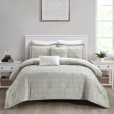 Chic Home Design Janea 5 Piece Comforter Set Clip Jacquard Geometric Quatrefoil Pattern Design Bedding In Grey