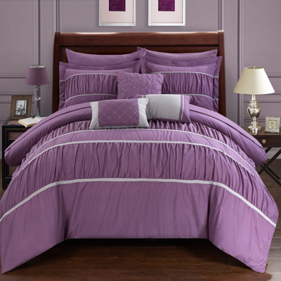 Chic Home Design Wanda 10 Piece Comforter Set Complete Bed In A Bag Pleated Ruched Ruffled Bedding In Purple