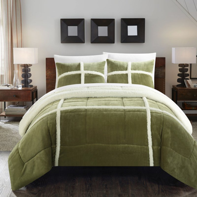Chic Home Design Chiron 3 Piece Comforter Set Ultra Plush Micro Mink Sherpa Lined Bedding In Green