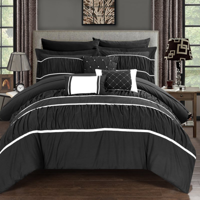 Chic Home Design Wanda 10 Piece Comforter Set Complete Bed In A Bag Pleated Ruched Ruffled Bedding In Black