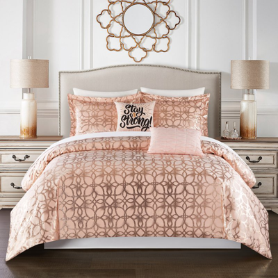 Chic Home Design Shefield 7 Piece Comforter Set Geometric Gold Tone Metallic Lattice Pattern Print Bed In A Bag In Pink