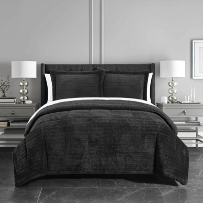 Chic Home Design Ryland 3 Piece Comforter Set Ribbed Textured Microplush Sherpa Bedding In Black