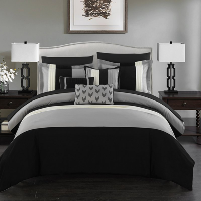 Chic Home Design Hester 10 Piece Comforter Set Color Block Ruffled Bed In A Bag Bedding In Black