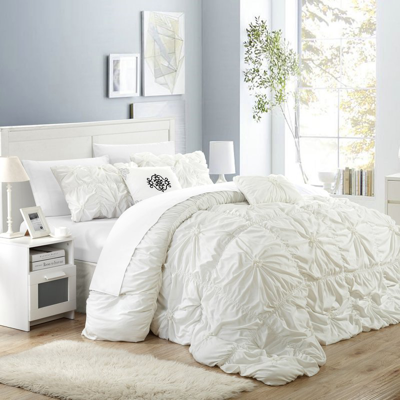 Chic Home Design Hyatt 6 Piece Comforter Set Floral Pinch Pleated Ruffled Designer Embellished Bedding In White