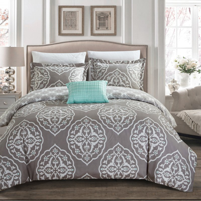 Chic Home Design Froilan 4 Piece Reversible Duvet Cover Set Two-tone Medallion Print Zipper Closure Bedding In Gray