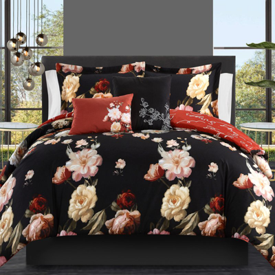 Chic Home Design Ethel 5 Piece Reversible Comforter Set Floral Print Cursive Script Design Bedding In Black