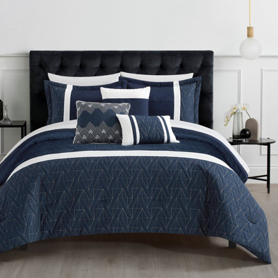 Chic Home Design Macie 6 Piece Comforter Set Jacquard Woven Geometric Design Pleated Quilted Details Bedding In Blue