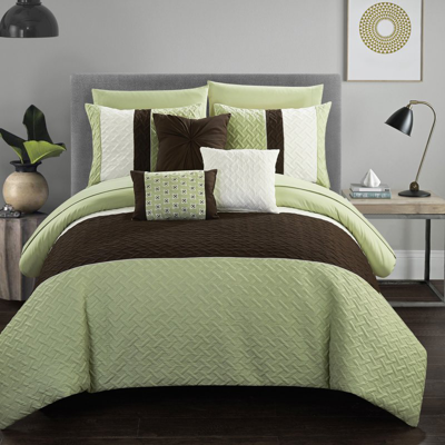 Chic Home Design Arza 10 Piece Comforter Set Color Block Quilted Embroidered Design Bed In A Bag Bedding In Green