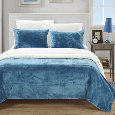 Chic Home Design Ernest 2 Piece Blanket Set Soft Sherpa Lined Microplush Faux Mink With Sham In Blue
