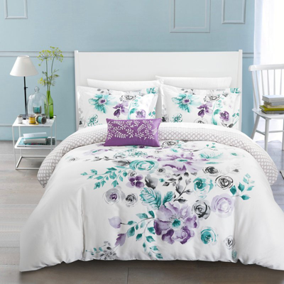 Chic Home Design Mitzy 4 Piece Reversible Duvet Cover Set 100% Cotton Large Floral Design Geometric Scale Pattern Pri In Purple