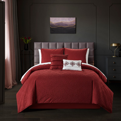 Chic Home Design Mya 5 Piece Comforter Set Embossed Medallion Scroll Pattern Design Bedding In Red