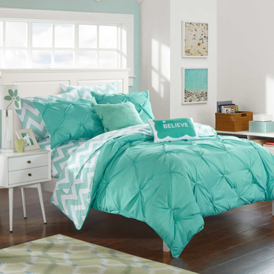 Chic Home Design Foxville 9 Piece Reversible Comforter Bed In A Bag Ruffled Pinch Pleat Geometric Chevron Pattern Pri In Green