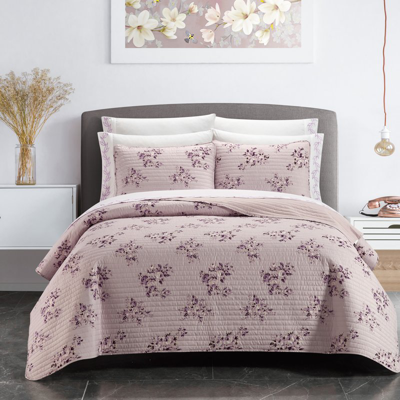 Chic Home Design Aprille 9 Piece Quilt Set Floral Pattern Print Bed In A Bag In Purple