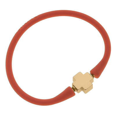 Canvas Style Bali 24k Gold Plated Cross Bead Silicone Bracelet In Coral In Orange