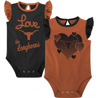 Outerstuff Babies' Girls Newborn And Infant Burnt Orange, Black Texas Longhorns Spread The Love 2-pack Bodysuit Set In Orange,black