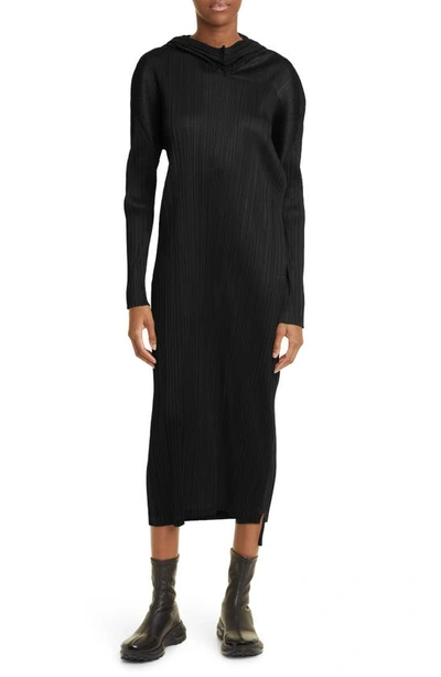 Issey Miyake Monthly Colours September Long Sleeve Pleated Midi Dress With Hood In 15 Black