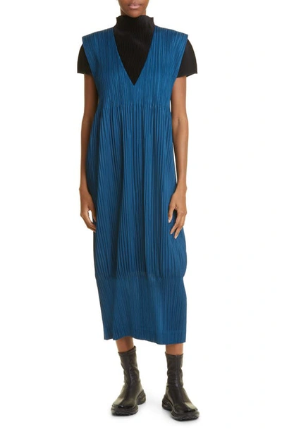 Issey Miyake Thicker Bottoms Pleated Pinafore Dress In Blue Green