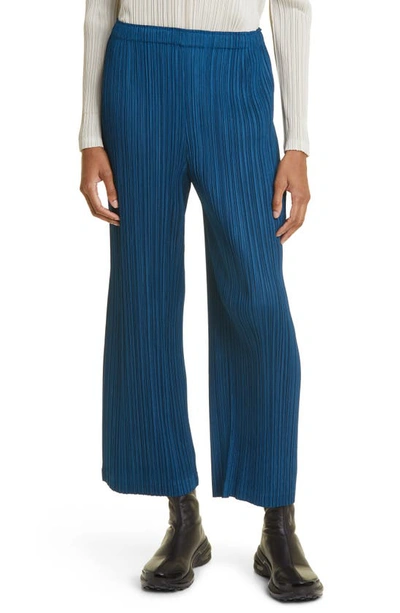 Issey Miyake Thicker Bottoms Pleated Wide Leg Crop Pants In Blue