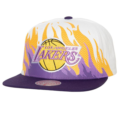 Mitchell & Ness Men's  White Los Angeles Lakers Hot Fire Snapback Hat