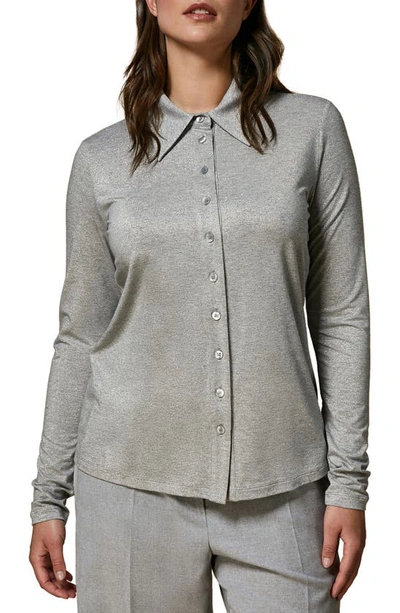 Marina Rinaldi Stretch Metallic Knit Button-up Shirt In Light Grey