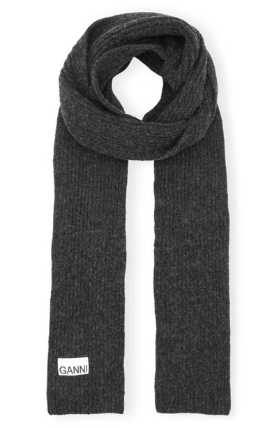 Ganni Light Structured Rib Knit Thin Scarf In Black