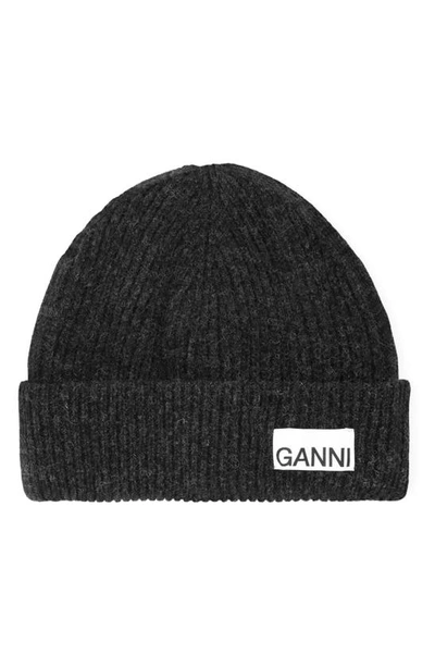 Ganni Logo-patch Ribbed-knit Beanie Hat In Black