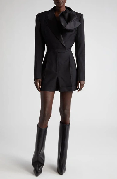 Alexander Mcqueen Structured Blazer Romper With Shoulder Flower In Black