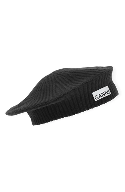 Ganni Structured Wool Blend Beret In Black