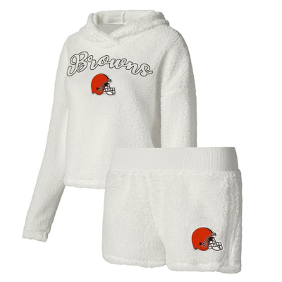 Concepts Sport Women's  White Cleveland Browns Fluffy Pullover Sweatshirt And Shorts Sleep Set