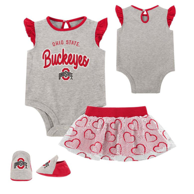 Outerstuff Babies' Girls Newborn Heather Gray Ohio State Buckeyes All Dolled Up Bodysuit, Skirt & Bootie Set