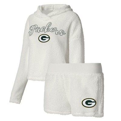 Concepts Sport Women's  White Green Bay Packers Fluffy Pullover Sweatshirt And Shorts Sleep Set