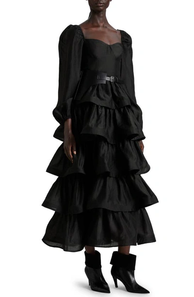 & Other Stories Tiered Skirt Long Sleeve Midi Dress In Black