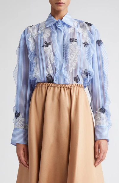 Valentino Ruffle Stripe Sheer Lace Butterfly Blouse In Lt Bluewhite Stri