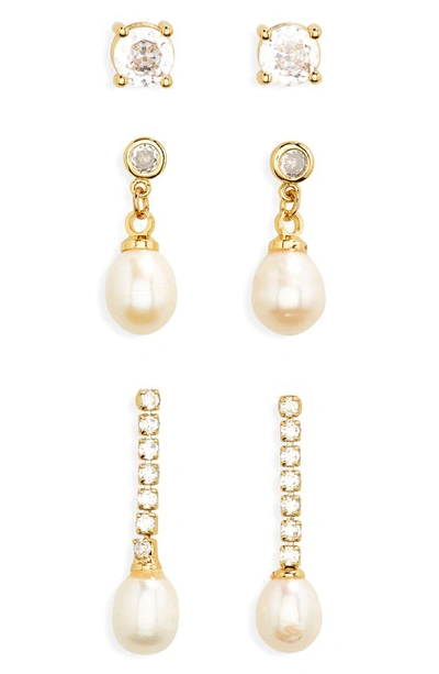 Nordstrom Set Of 3 Assorted Cubic Zirconia & Freshwater Pearl Earrings In Clear- White- Gold