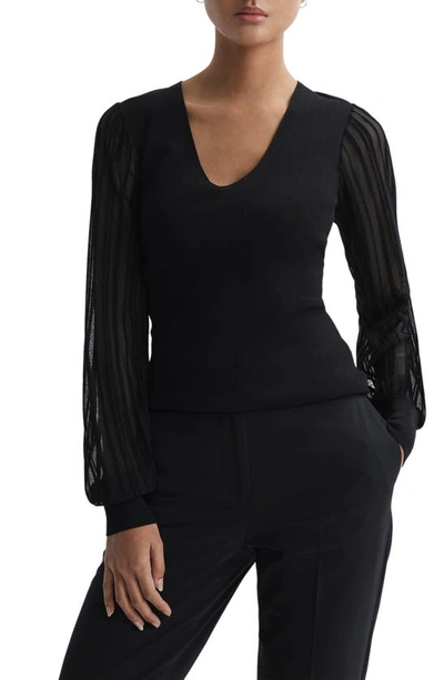 Reiss Brooklyn - Black Sheer Sleeve V-neck Top, S